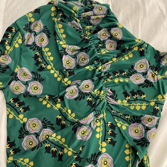 ZARA W/B Drape Ruched Mock Neck Midi Dress Sz S Green Floral 70s Retro Portugal - Picture 8 of 12